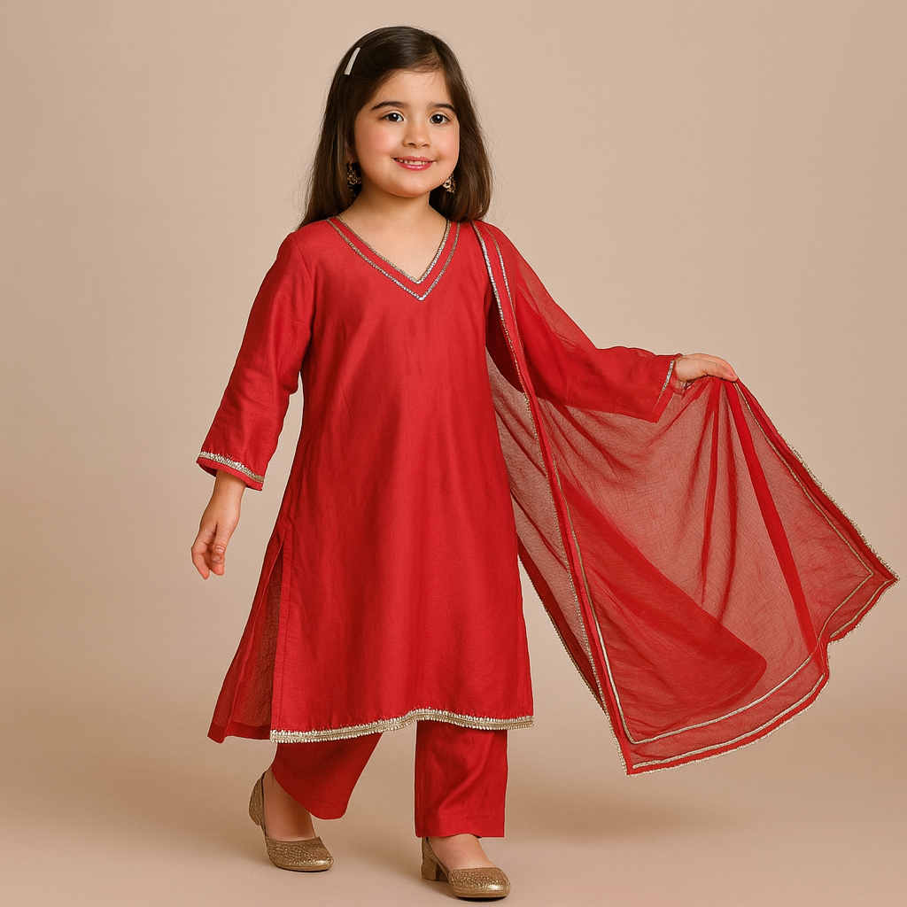 Pre Order: Red Kurta Lace Detailing Suit Set