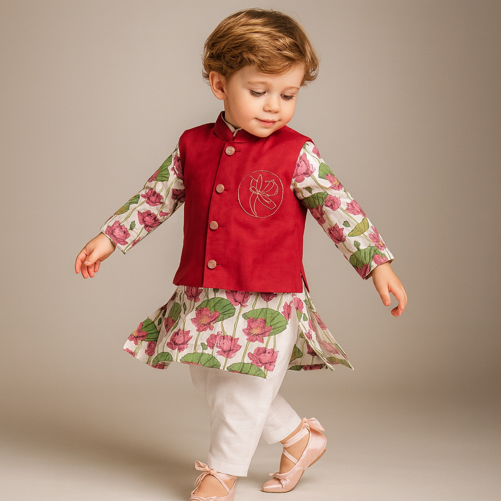 Pre Order: Lotus Printed Kurta And Embroidered Jacket With Pyjama