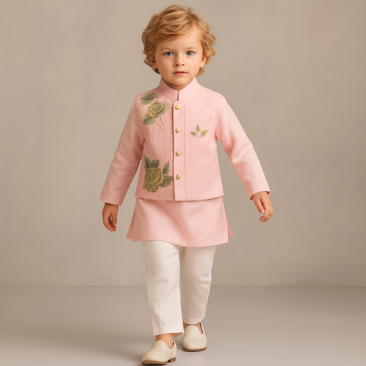 Pre Order: Pink Kurta With Floral Embroidered Jacket And Pyjama
