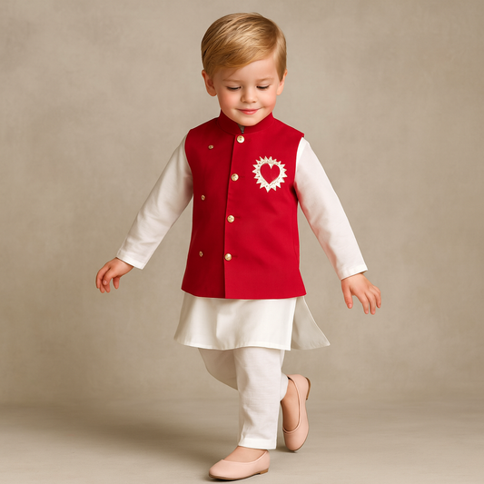 Pre Order: Ethnic Kurta With Shimmery Buttons Adorned Red Jacket And Pyjama