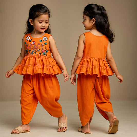 Pre Order: Embroidered Orange Kurti And Dhoti