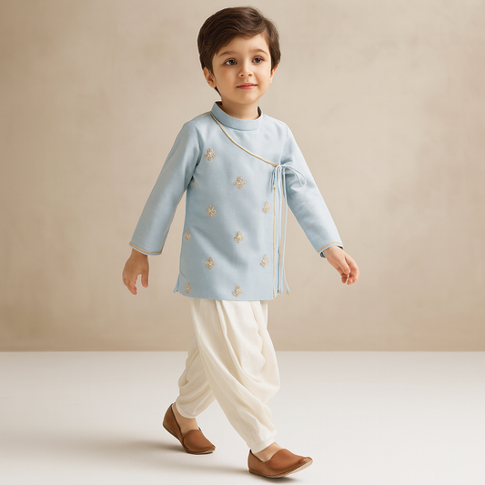 Pre Order: Front Knot-Detail Blue Kurta And Dhoti