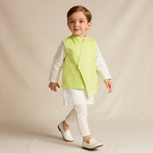 Pre Order: Kurta With Stylish Asymmetric Green Jacket And Pyjama