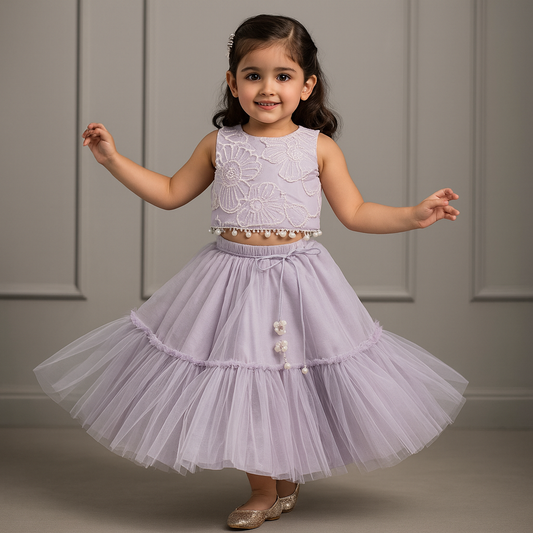 Pre Order: Lavender Bow Adorned Sleeveless Embroidered Top With Lehenga