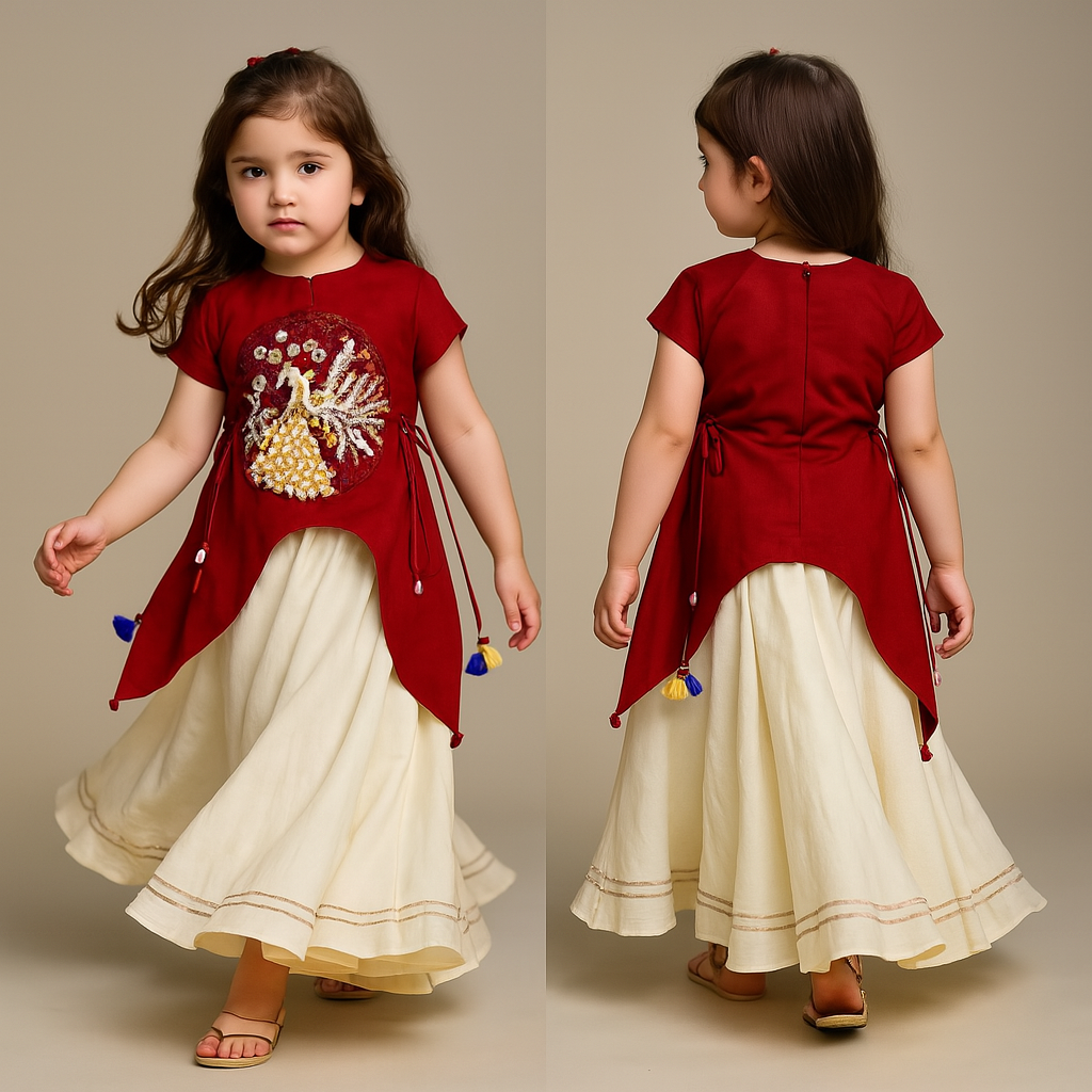 Pre Order: Peacock Embroidered Side Knot Detail Stylish Red Top And Layered Cream Sharara