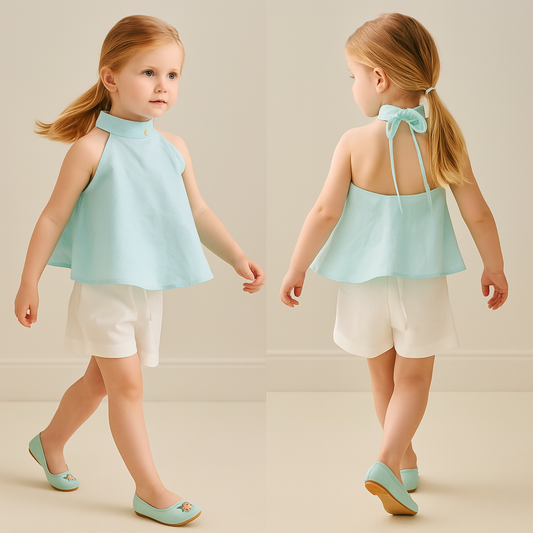 Pre Order: Halter Neck Knot Detail Blue Top And Flap Shorts