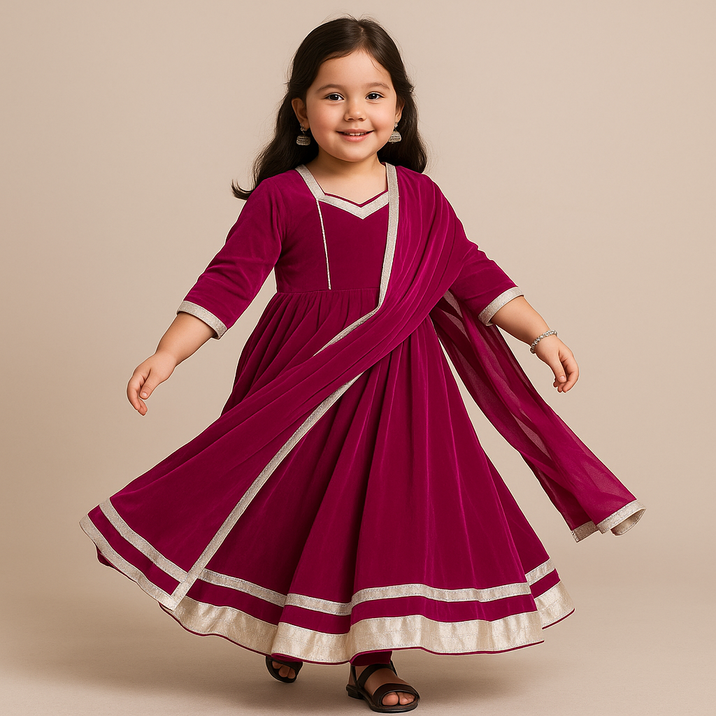 Pre Order: Pink  Velvet Anarkali  Suit Set