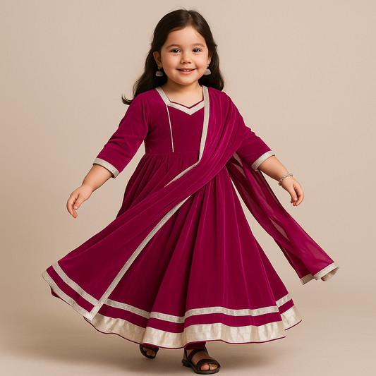 Pre Order: Pink  Velvet Anarkali  Suit Set