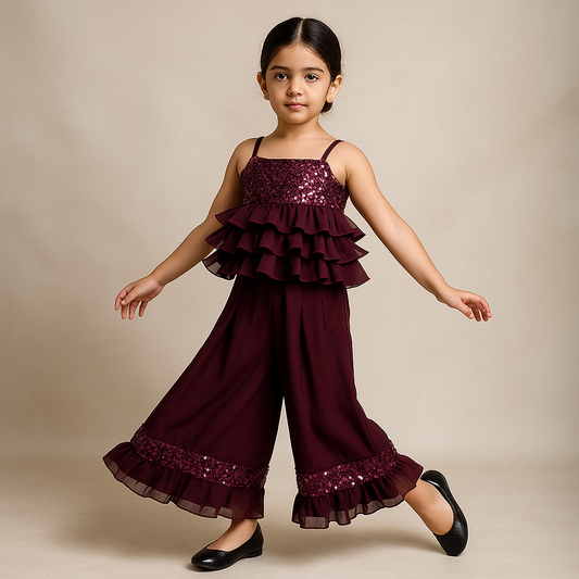 Pre Order: Sequins Embroidered Stylish Ruffled Frilly Top And Box Pleated Palazzo
