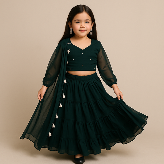 Pre Order: Green Tassels Details Georgette Lehenga Set