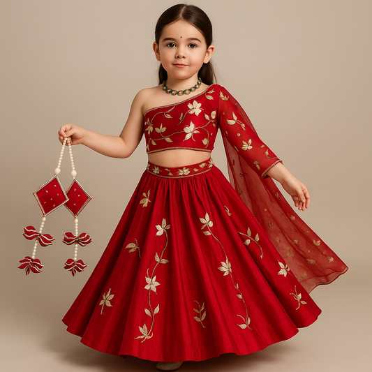 Pre Order: Red Embroidered Lehenga Set