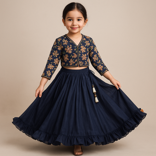 Pre Order: Front-Open Thread Embroidered Top And Pleated Lehenga