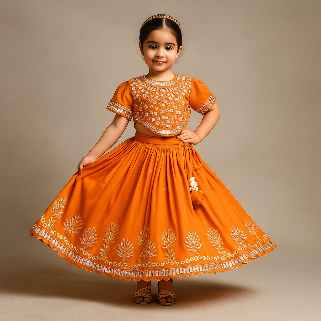 Pre Order: Orange Faux Mirror Embroidered Top And Lehenga