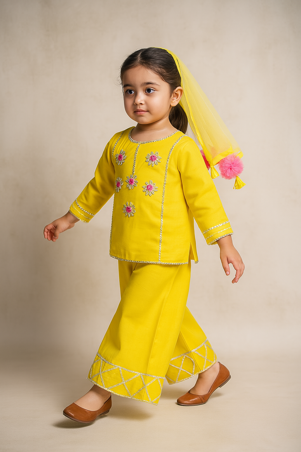 Pre Order: Yellow Gota Work Kurti With Palazzo And Dupatta