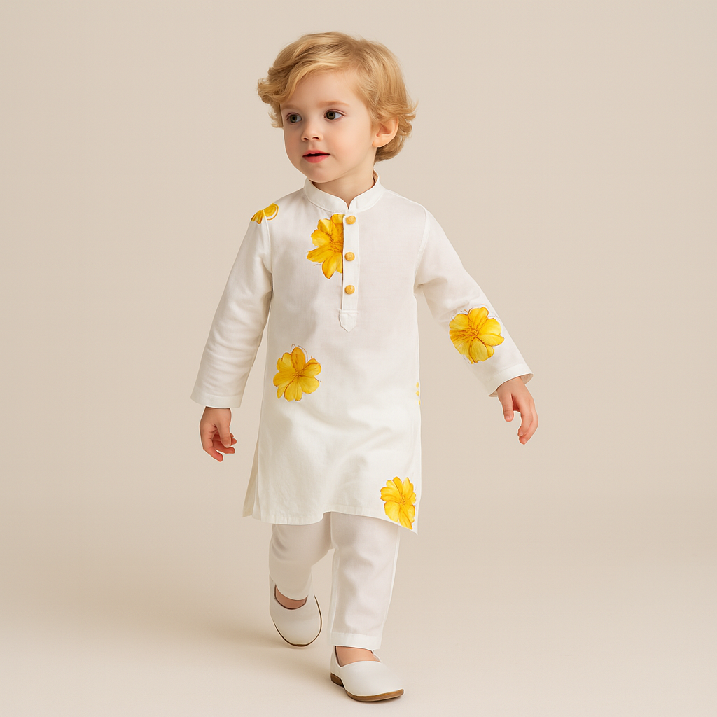 Pre Order: Hand Painted White Ethnic Kurta And Pyjama