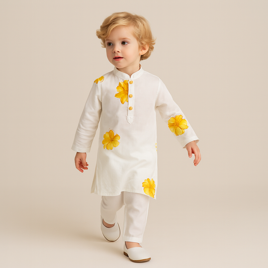Pre Order: Hand Painted White Ethnic Kurta And Pyjama
