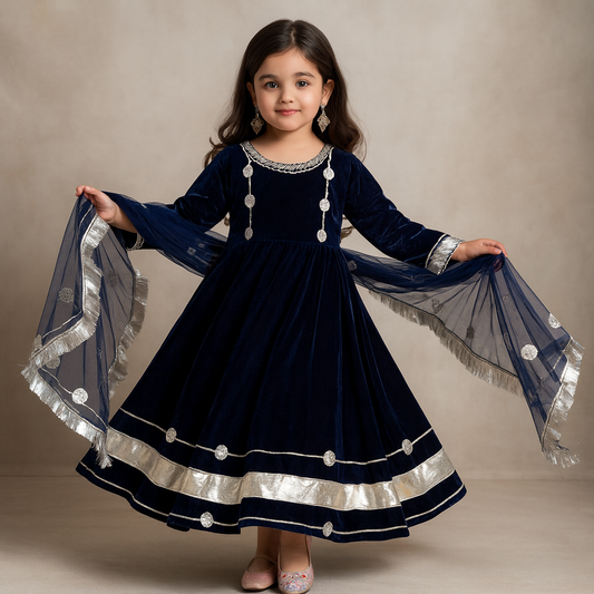 Pre Order: Royal Blue Velvet Anarkali Embellished Suit Set