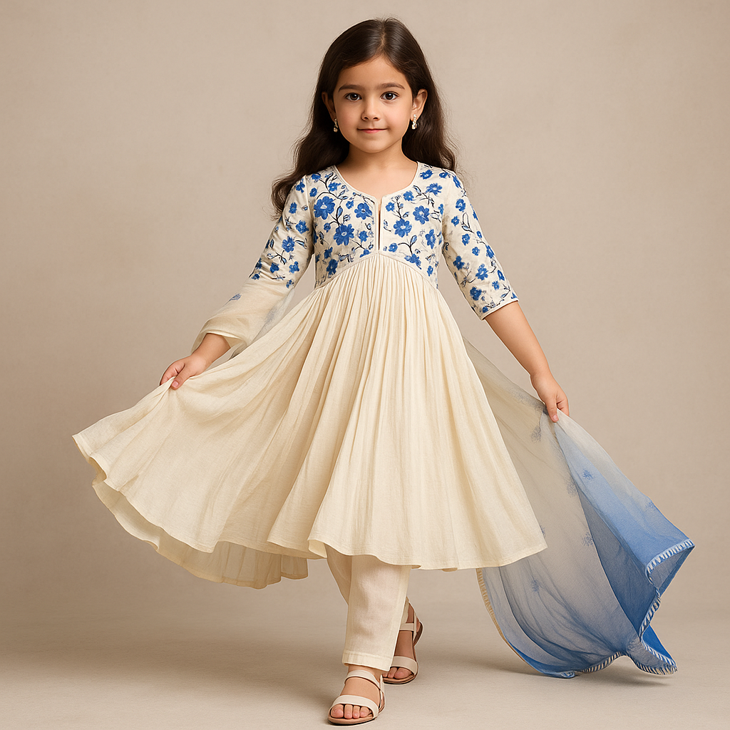 Pre Order: White Print Anarkali Suit  Set