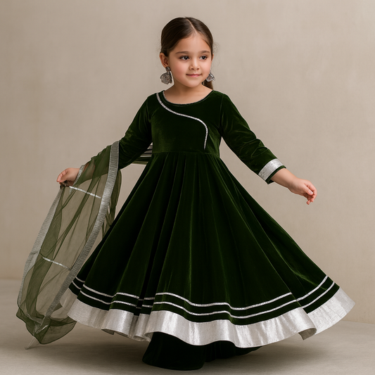 Pre Order: Green Velvet Anarkali Suit Set