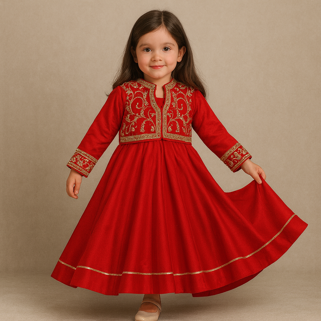 Pre Order: Embroidered Neckline Kurti With Potli Button Detail Jacket