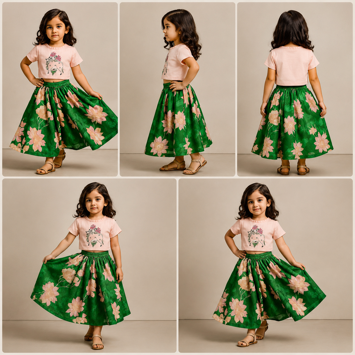 Pleated Neckline Peach Printed Top And Floral Printed Green Palazzo