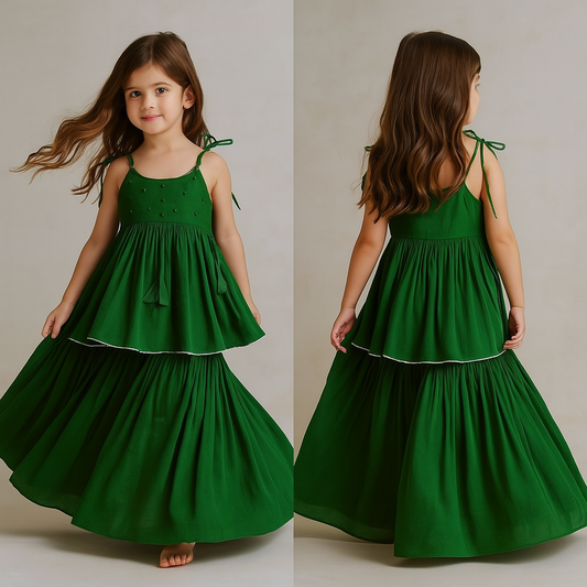 Pre Order: Bottle green Potli Buttons Detail Top And Sharara With Dupatta