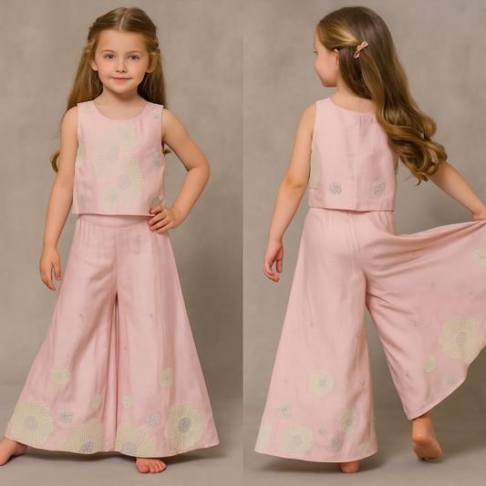 Pre Order: Peach Sequined And Thread Floral Embroidered Lilac Top With Palazzo