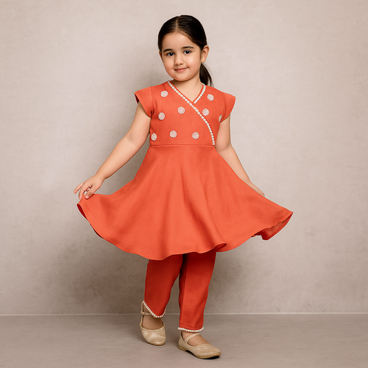 Pre Order: Umbrella Flared Hem Red And Palazzo With Net Dupatta