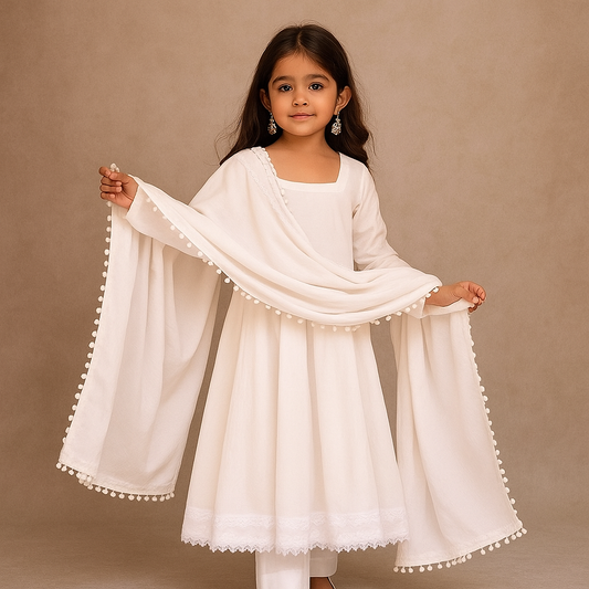 Pre Order: White Anarkali with Dupatta Lace Detailing