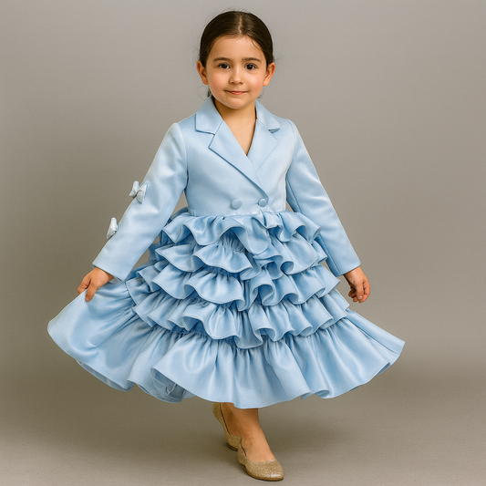 Pre Order: Gorgeous Sheen Collar Neck Bow Adorned Layered Ruffle Dress