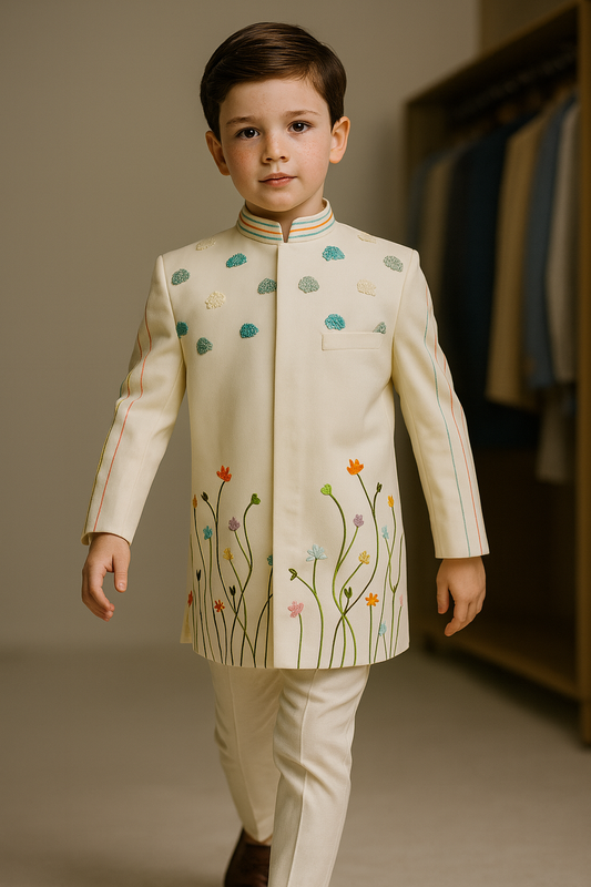 Pre Order:Off White Embroidered Sherwani And Pant