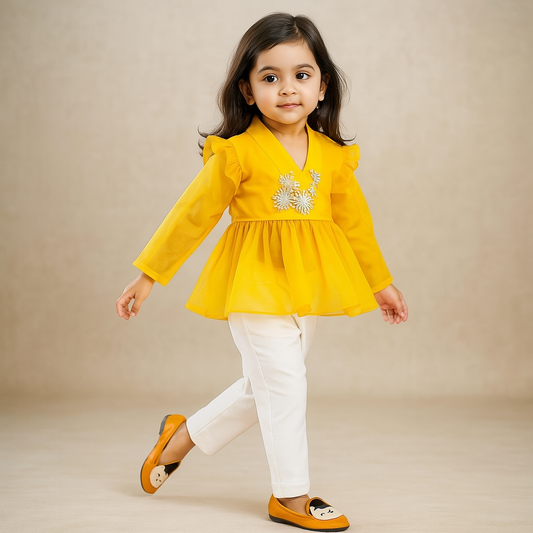 Pre Order: Embroidered Yoke Yellow Organza Top With Pockets Detail White Pant