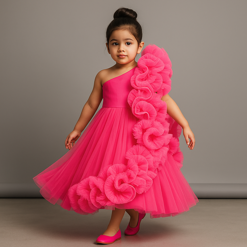 Pre Order: Pink One Shoulder Ruffle Net Gown