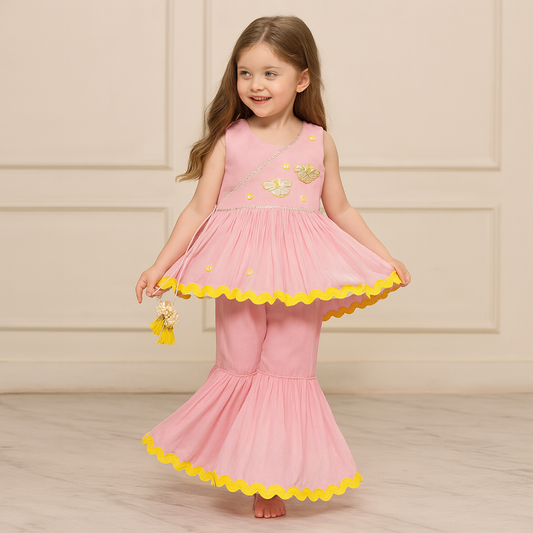 Pre Order: Intricate Bird Embroidered Top With Contrasting Lace Work Sharara