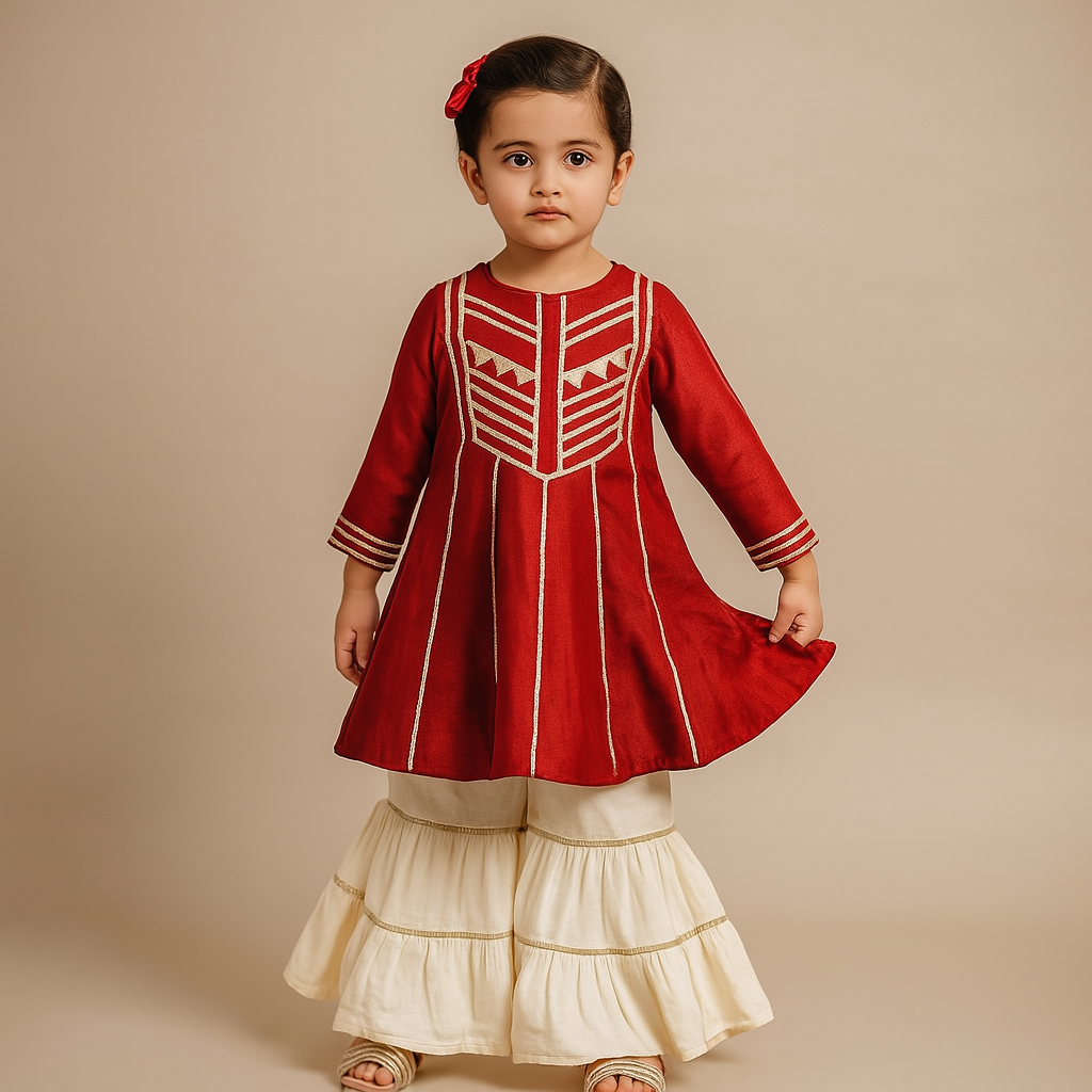 Pre Order: Maroon Gota Lace Work Kurti With Tiered Sharara