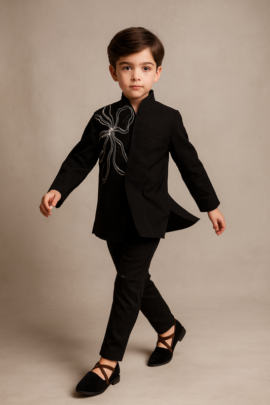 Pre Order: Silver Aura Embroidered Sherwani And Pant