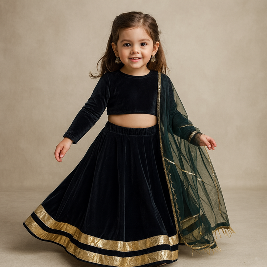 Pre Order: Bottle Green Velvet Lehenga Set