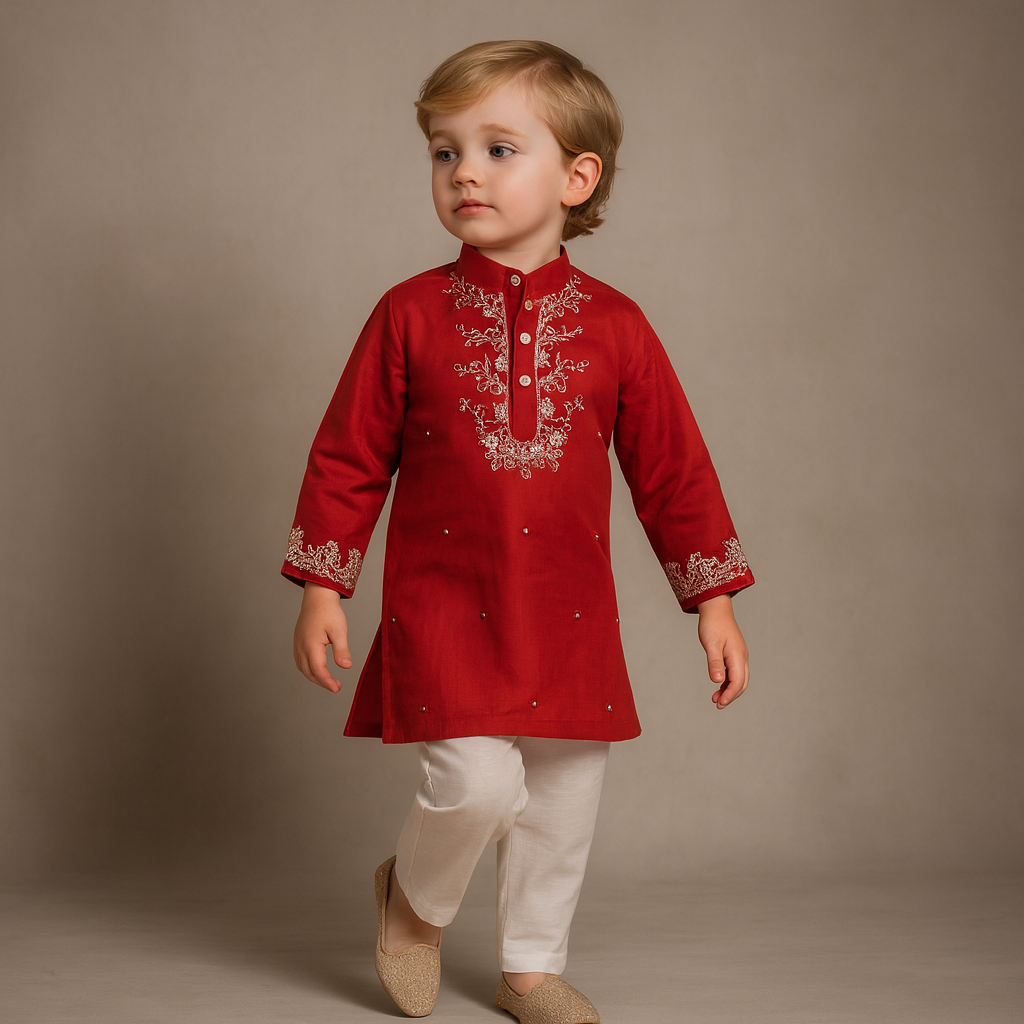 Pre Order: Red Faux Mirror Work Kurta With Pyjama