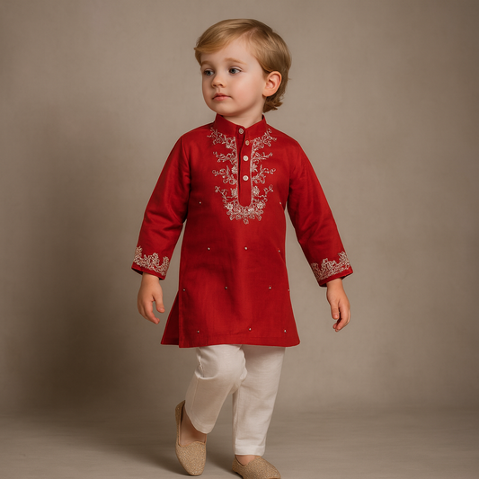 Pre Order: Red Faux Mirror Work Kurta With Pyjama