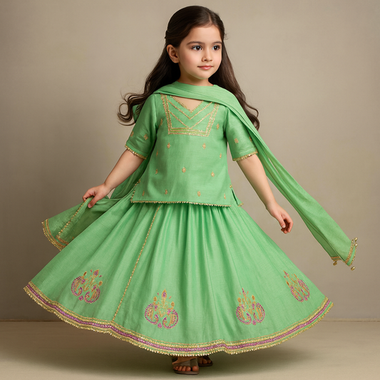 Pre Order: Green Embroidered Kurta With Lehenga And Dupatta