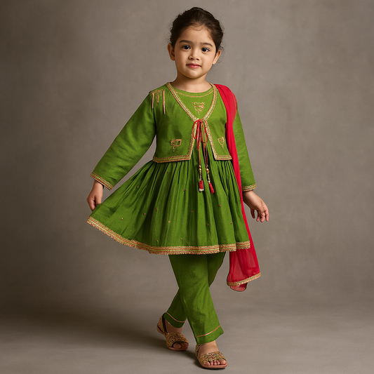Pre Order: Green Kurti With Vest Style Jacket And Pant And Dupatta