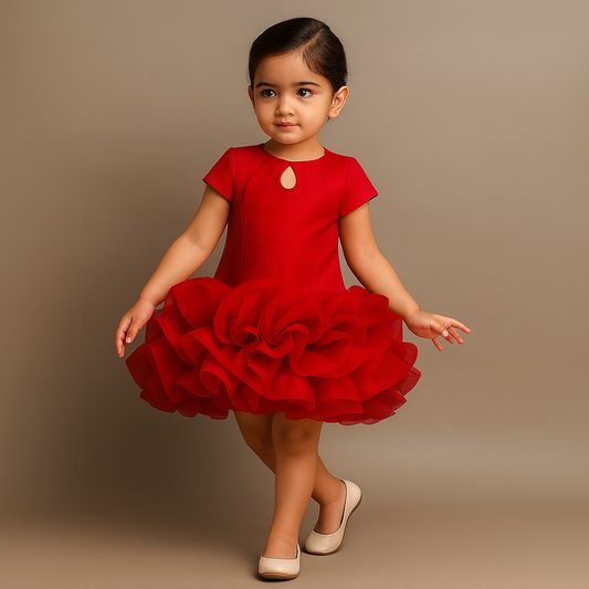 Pre Order: Red Elegant Embellished Dress With Organza Flower Detail