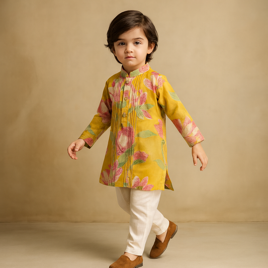 Pre Order: Floral Printed Pin Tuck Detailed Kurta With Pyjama