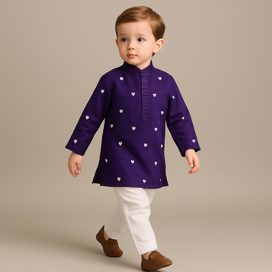 Pre Order: Purple Thread Embroidered Kurta With Off White Pyjama