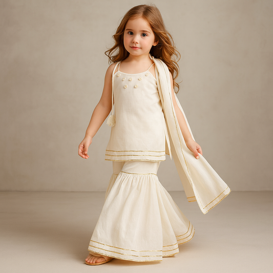 Pre Order: Elegant White Kurti With Sharara And Dupatta