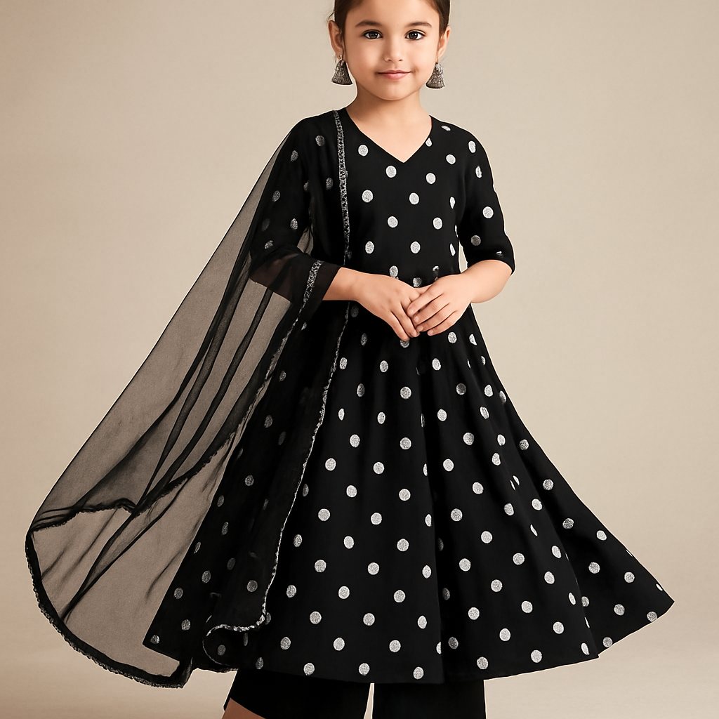 Pre Order: Black And White Dots Anarkali with Dupatta