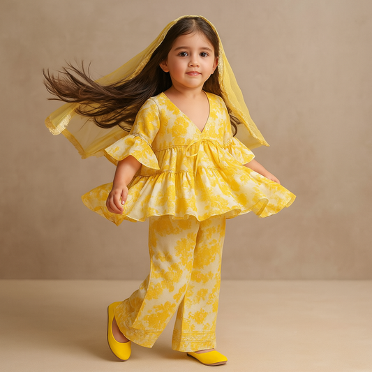 New Yellow Peplum Tiered Top With Pant And Dupatta