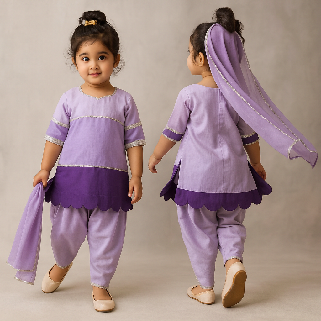 Pre Order: Purple Colour Blocked Lace Work Kurti With Dhoti And Dupatta