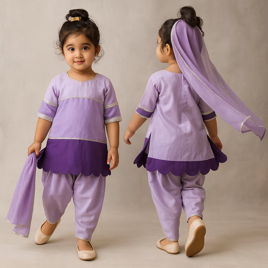 Pre Order: Purple Colour Blocked Lace Work Kurti With Dhoti And Dupatta