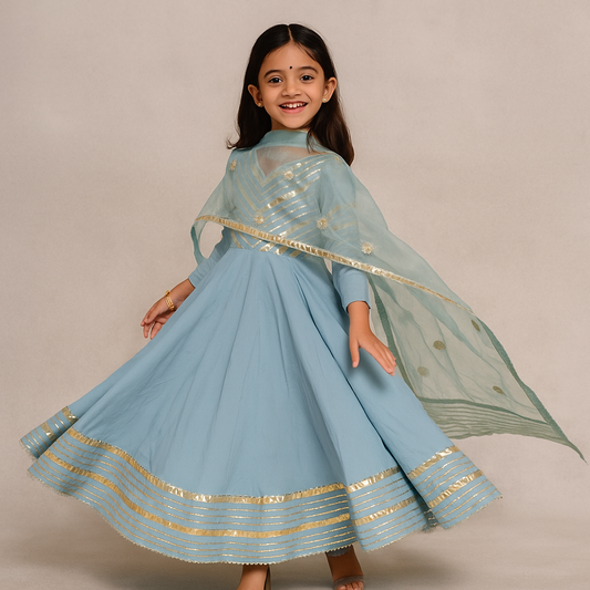 Pre Order: Blue Anarkali with Dupatta Gota Detailing